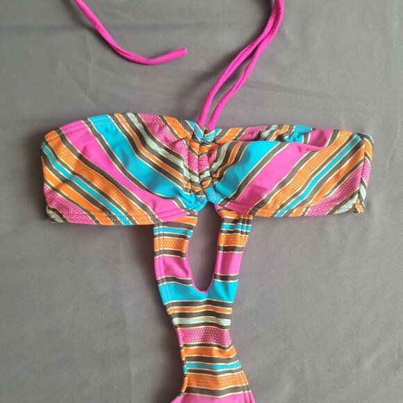 Op Swimsuit Womens 5 Pink Striped Bikini Onepiece Y2K Cutout Halter Beach Travel - Picture 3 of 9